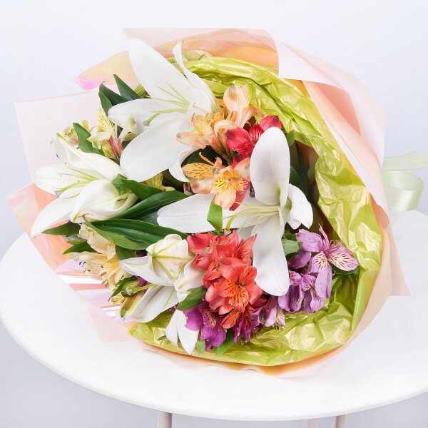 Lilies - 3, Alstromeria white, soft pink - 5, Alstromeria Red, Bright Pink - 2, Alstromeria lilac, purple - 1, Wrapping Paper, Ribbon