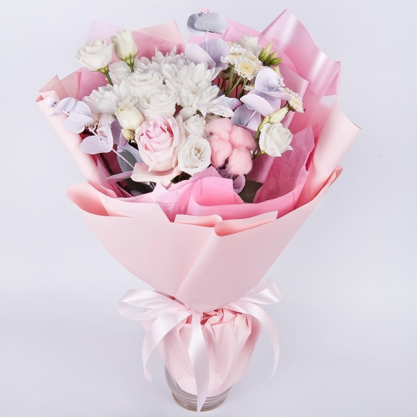 Baltica White Spray Chrysanthemum - 2, Athos poms Stallion - 2, lisianthus - 3, Pink rose 50 cm - 1, Eucalyptus Cinerea, Cotton bud, Wrapping Paper