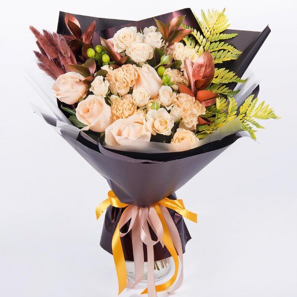 Rose Cream 50 cm - 5, Spray rose: white, cream, light pink 50 cm - 3, Carnation white, cream - 5, Hypericum, Fern (1 pc.), Ruscus, Dried flowers decor, Wrapping Paper