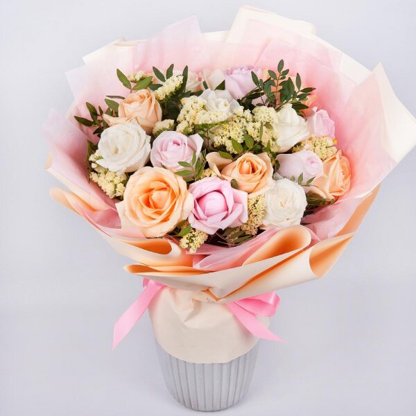 Pink rose 50 cm - 7, White rose 50 cm - 8, Rose Cream 50 cm - 6, Yellow Statice, Pistachio, Wrapping Paper