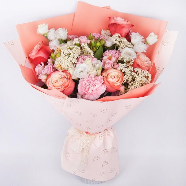 Peony rose Kahala 50 cm - 5, Bright pink spray rose mix, 50 cm - 3, Alstromeria white, soft pink - 2, lisianthus - 2, Pink carnation - 3, Ozotamnus, Wrapping Paper