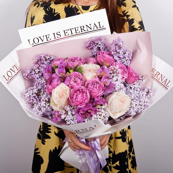 Peony style roses - 7, Alstromeria lilac, purple - 5, Spray peony rose Misty Bubbles, 50 cm - 3, Lilac Bush - 4, Wrapping Paper, Ribbon