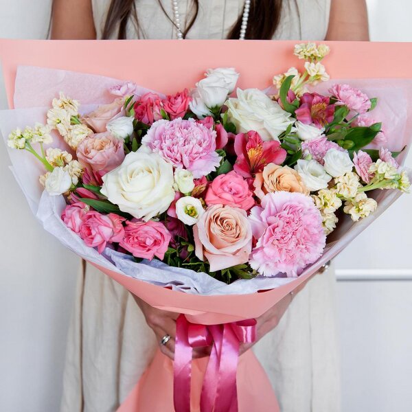 Rose Cream 50 cm - 4, White rose 50 cm - 2, lisianthus - 2, Pink carnation - 3, Alstromeria white, soft pink - 3, Bright pink spray rose mix, 50 cm - 1, White Matthiola - 4, Pink spray carnation - 2, Pistachio, Wrapping Paper