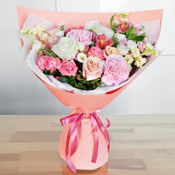 Rose Cream 50 cm - 4, White rose 50 cm - 2, lisianthus - 2, Pink carnation - 3, Alstromeria white, soft pink - 3, Bright pink spray rose mix, 50 cm - 1, White Matthiola - 4, Pink spray carnation - 2, Pistachio, Wrapping Paper