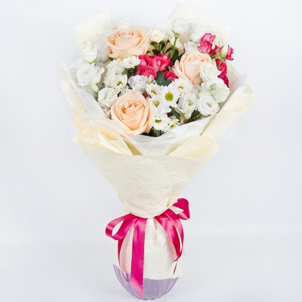 Rose Cream 50 cm - 3, Bright pink spray rose mix, 50 cm - 2, Santini White Spray Chrysanthemum - 3, lisianthus - 3, Wrapping Paper