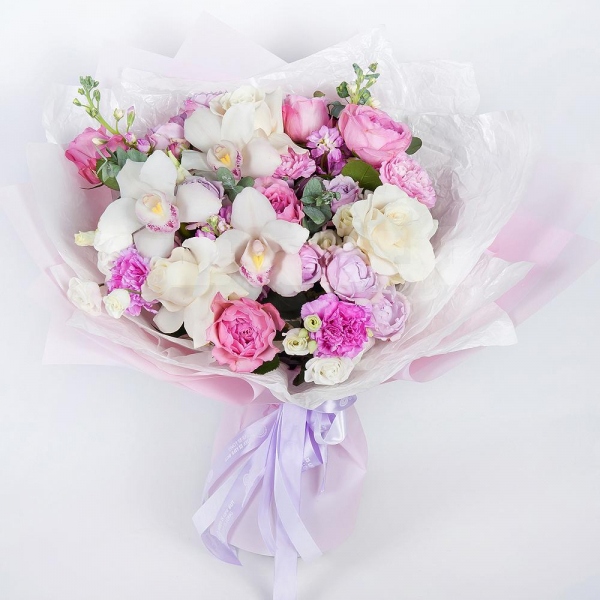 White rose 50 cm Ecuador - 5, Pink rose 50 cm - 9, Spray peony rose Lavander, 50 cm - 3, Pink carnation - 4, Matthiola Lilac - 4, White Cymbidium Orchid Bud - 3, lisianthus - 3, Lilac carnation - 4, Flask for orchids, Eucalyptus Cinerea, Wrapping Paper
