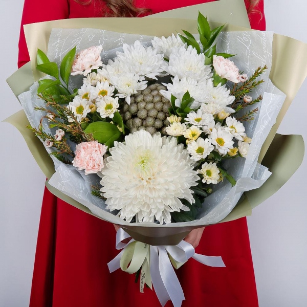 Magnum White Chrysanthemum - 1, Baltica White Spray Chrysanthemum - 1, Carnation white, cream - 3, Santini White Spray Chrysanthemum - 2, Brunia Green Lanuginosa (1 pc.), Waxflower (1 pc.), Ruscus, Wrapping Paper, Ribbon