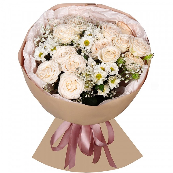 Spray rose: white, cream, light pink 50 cm - 8, Athos poms Stallion - 5, Gypsophila - 2, Wrapping Paper