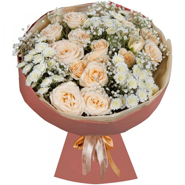 Spray rose: white, cream, light pink 50 cm - 8, Athos poms Stallion - 5, Gypsophila - 2, Wrapping Paper