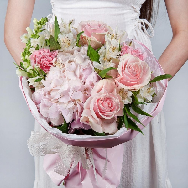 Pink Hydrangea - 1, Alstromeria white, soft pink - 3, White Matthiola - 2, Pink rose 50 cm - 3, Pink carnation - 2, Pistachio, Wrapping Paper