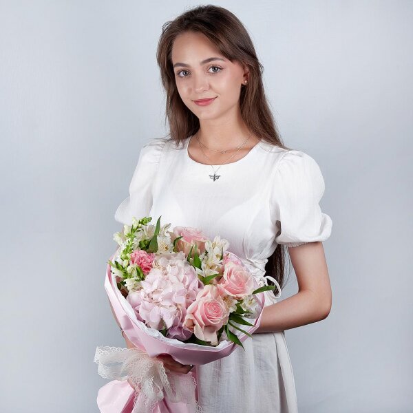 Pink Hydrangea - 1, Alstromeria white, soft pink - 3, White Matthiola - 2, Pink rose 50 cm - 3, Pink carnation - 2, Pistachio, Wrapping Paper