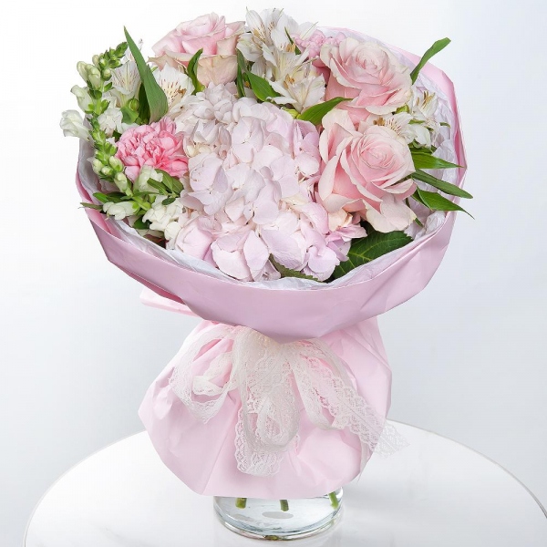Pink Hydrangea - 1, Alstromeria white, soft pink - 3, White Matthiola - 2, Pink rose 50 cm - 3, Pink carnation - 2, Pistachio, Wrapping Paper