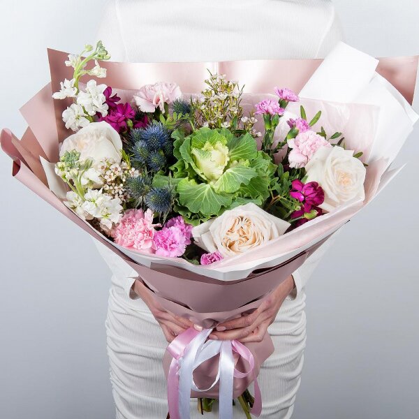 Peony style roses - 3, White Matthiola - 2, Pink spray carnation - 4, Pink carnation - 3, Waxflower (1 pc.), Eryngium, Pistachio, Wrapping Paper, Brassica