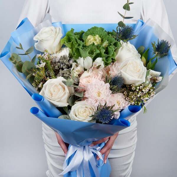 White rose 50 cm - 5, Baltica Pink Spray Chrysanthemum - 2, Alstromeria white, soft pink - 1, Brassica, Eryngium, Brunia Green Lanuginosa (1 pc.), Waxflower (1 pc.), Eucalyptus, Wrapping Paper