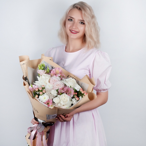 White rose 50 cm Ecuador - 3, Baltica White Spray Chrysanthemum - 3, Pink Lisianthus (Eustoma) - 2, Bright pink spray rose mix, 50 cm - 3, Alstromeria white, soft pink - 4, Carnation white, cream - 4, Ozotamnus, Hypericum, Wrapping Paper