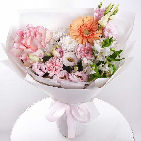 Rose Esperance - 1, Cream gerbera - 1, Baltica White Spray Chrysanthemum - 1, Alstromeria white, soft pink - 1, Pink carnation - 2, Pink Lisianthus (Eustoma) - 1, Wrapping Paper