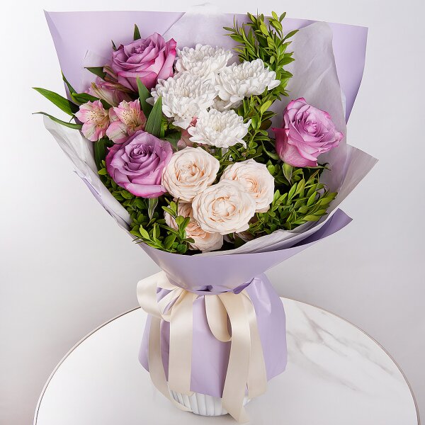 Deep Purple rose - 3, Baltica White Spray Chrysanthemum - 1, Alstromeria white, soft pink - 1, Spray rose: white, cream, light pink 50 cm - 1, Pistachio, Wrapping Paper