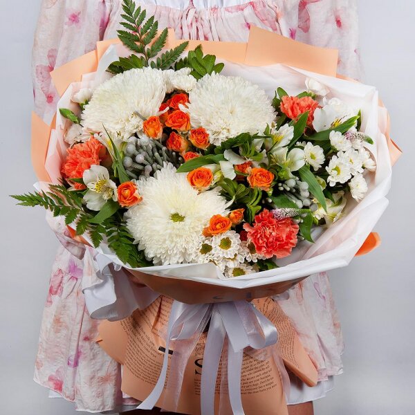 Magnum White Chrysanthemum - 3, Santini White Spray Chrysanthemum - 4, Spray rose: yellow, orange 50 cm - 3, Orange carnation - 3, White spray carnation - 3, Alstromeria white, soft pink - 3, Fern (1 pc.), Pistachio, Brunia Green Lanuginosa (1 pc.), Veronica spray, Wrapping Paper