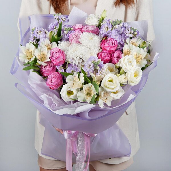 Matthiola Lilac - 3, Baltica White Spray Chrysanthemum - 1, Peony sprayrose - 3, Alstromeria white, soft pink - 3, lisianthus - 2, Wrapping Paper