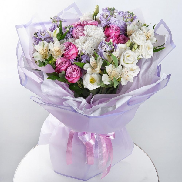 Matthiola Lilac - 3, Baltica White Spray Chrysanthemum - 1, Peony sprayrose - 3, Alstromeria white, soft pink - 3, lisianthus - 2, Wrapping Paper