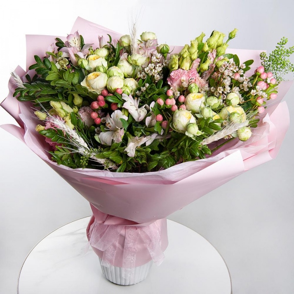 Peony sprayrose - 3, Alstromeria white, soft pink - 6, Pink Lisianthus (Eustoma) - 2, Pistachio, Hypericum, Waxflower (1 pc.), Green bell (1 pc.), Dried flowers in assortment, Wrapping Paper