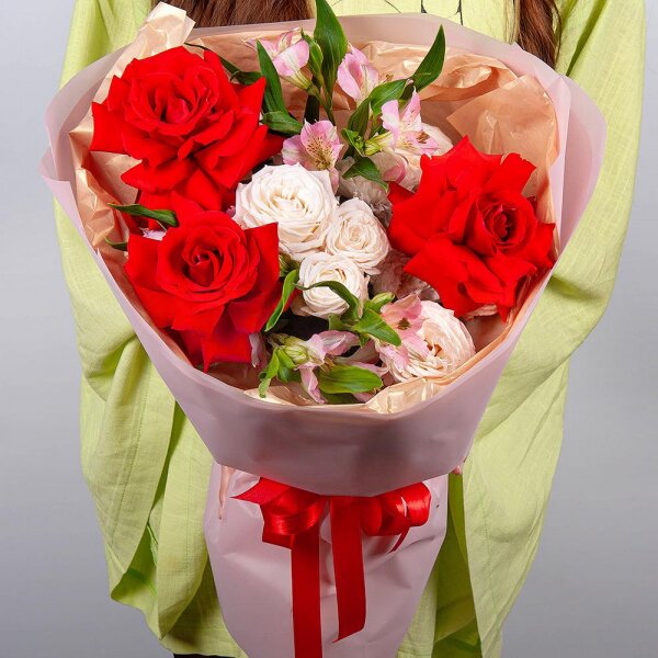 Red rose Nina 50 cm - 3, Baltica White Spray Chrysanthemum - 1, Peony sprayrose - 1, Alstromeria white, soft pink - 2, Wrapping Paper