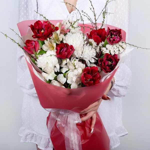 Baltica White Spray Chrysanthemum - 1, Alstromeria white, soft pink - 3, Red tulip - 9, White statice, Artificial branch, Wrapping Paper
