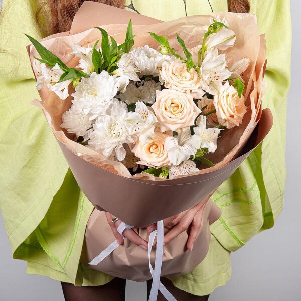 Baltica White Spray Chrysanthemum - 1, Alstromeria white, soft pink - 7, Spray rose: white, cream, light pink 50 cm - 1, Wrapping Paper