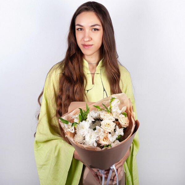 Baltica White Spray Chrysanthemum - 1, Alstromeria white, soft pink - 7, Spray rose: white, cream, light pink 50 cm - 1, Wrapping Paper